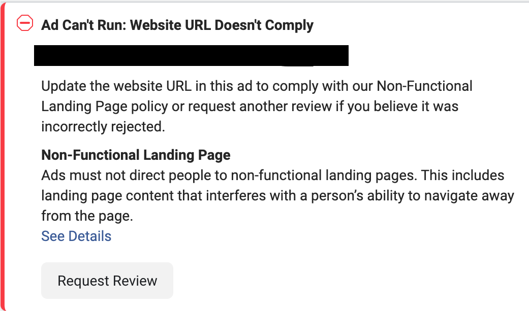 ads must not direct people to non-functional landing page meaning