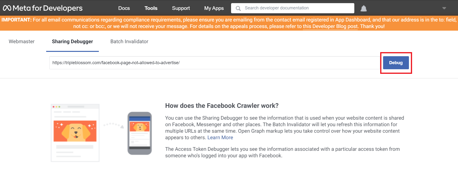 facebook-sharing-debugger-non-functional-landing-page