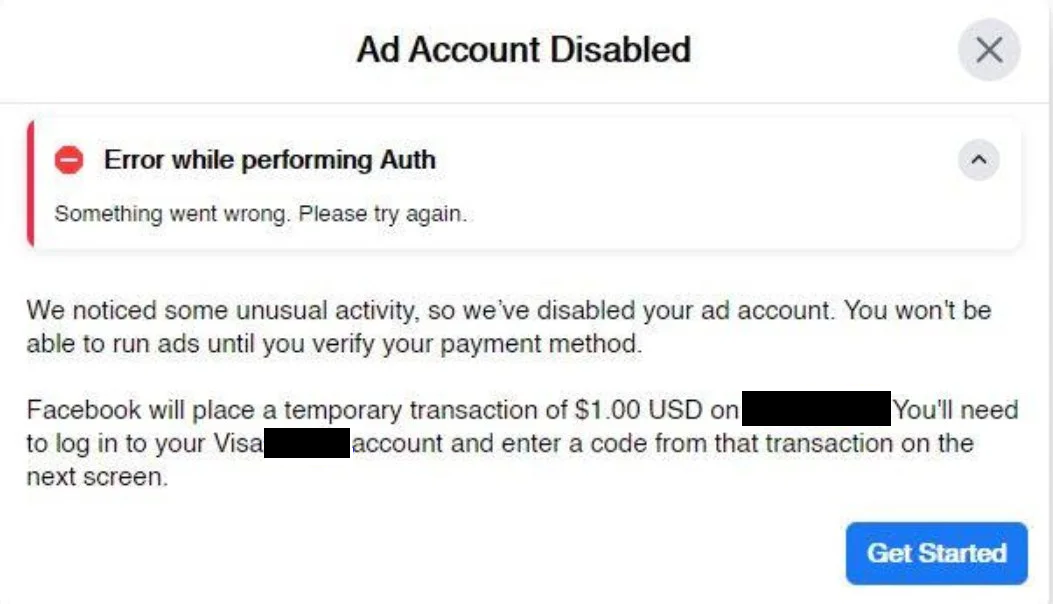 Error when attempting to re-link Facebook account.